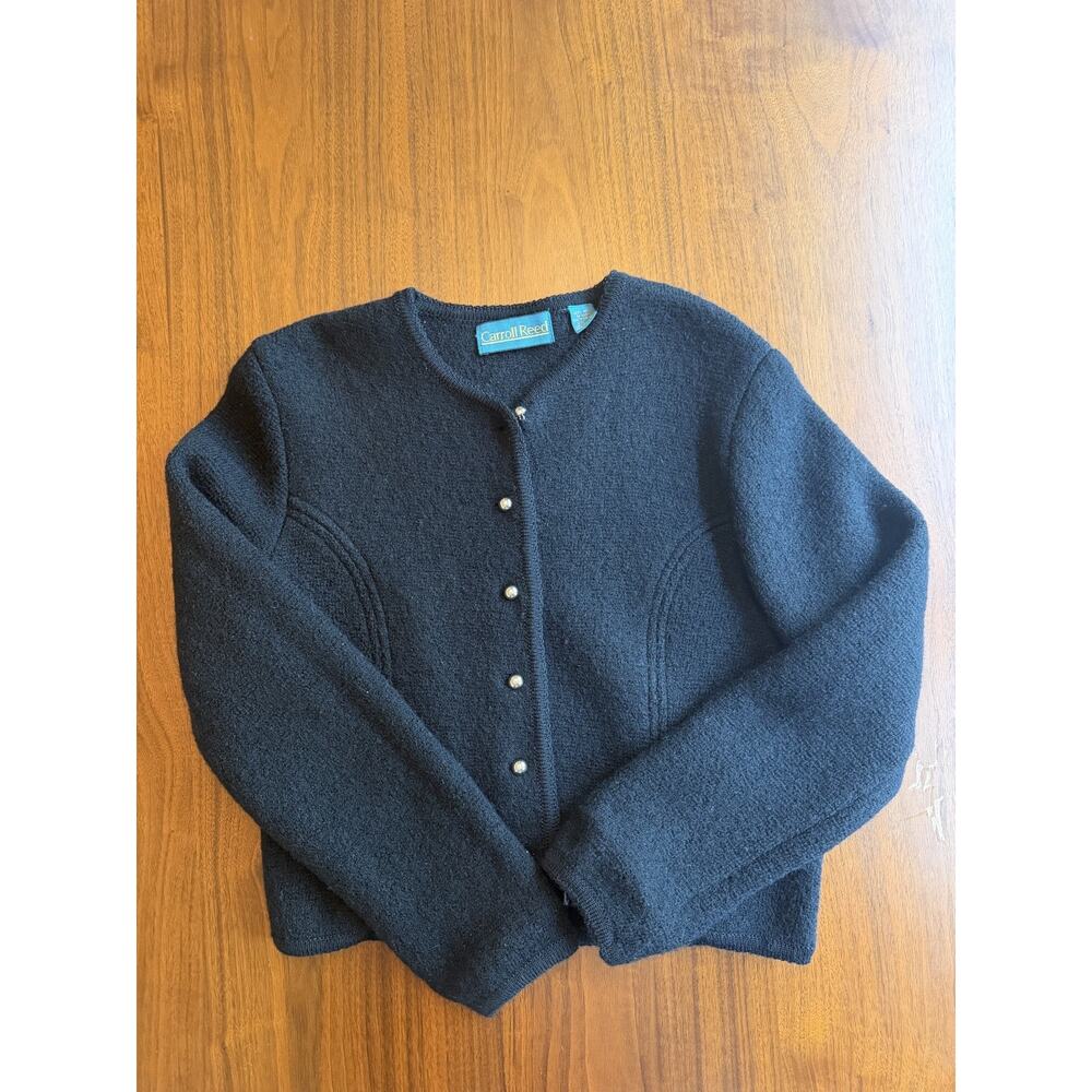 Vintage Carroll Reed Women's Black 100% Boiled Wool Cardigan Sweater - Size 8